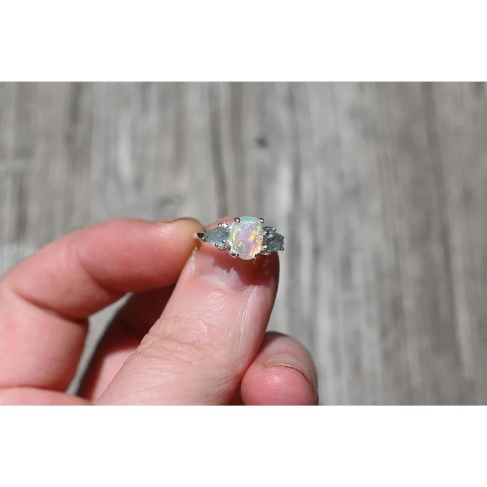 Sterling Silver Opal & Montana Sapphire Ring - Size 5